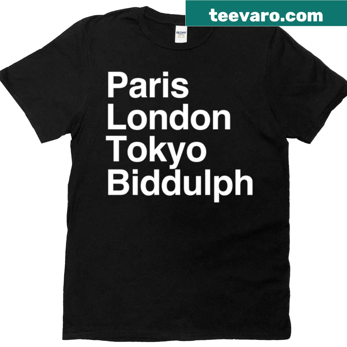 Illustrative T-shirt featuring symbols of Paris, London, and Tokyo — on a men's t-shirt