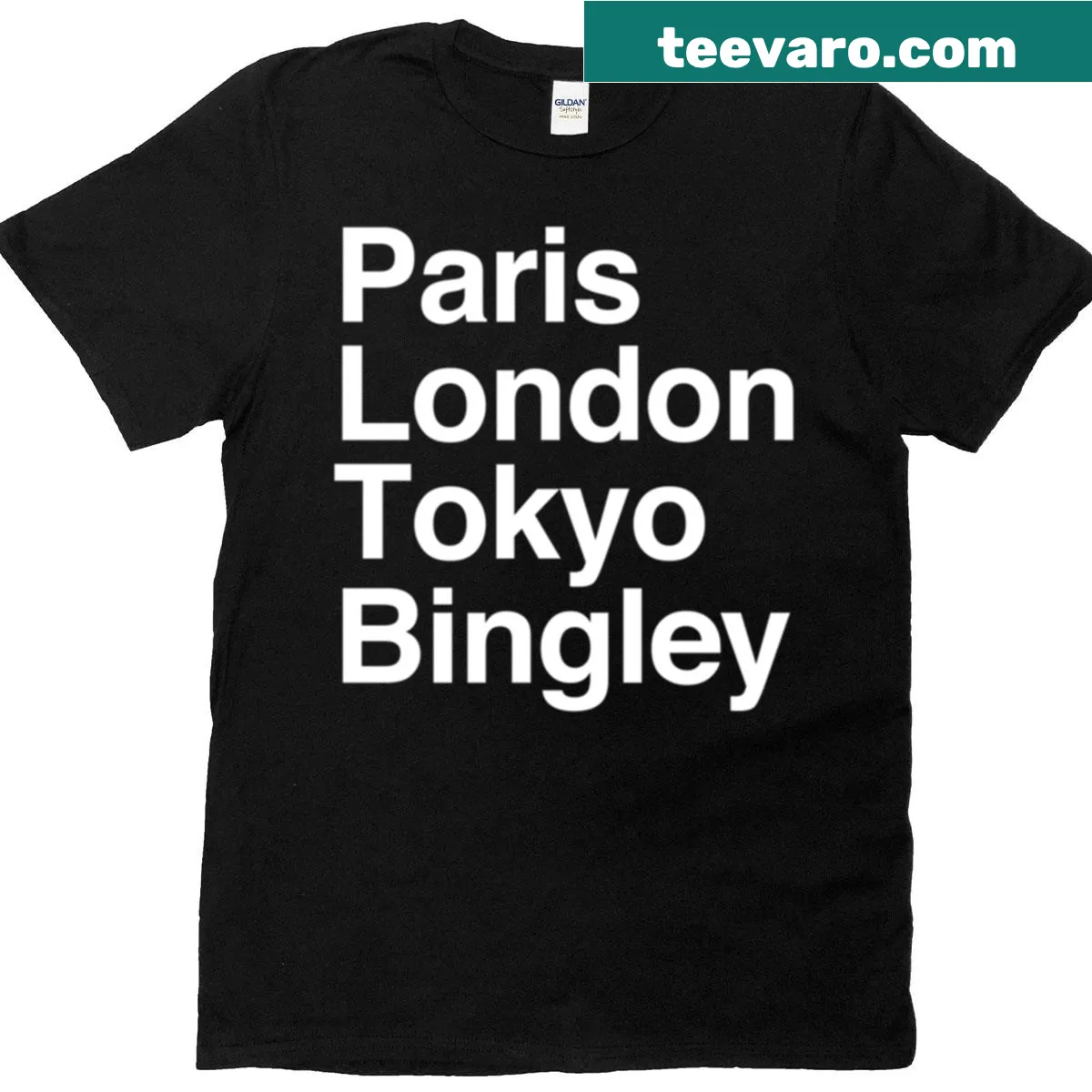 T-shirt featuring Paris, London, Tokyo, and Bingley in playful typography — on a men's t-shirt