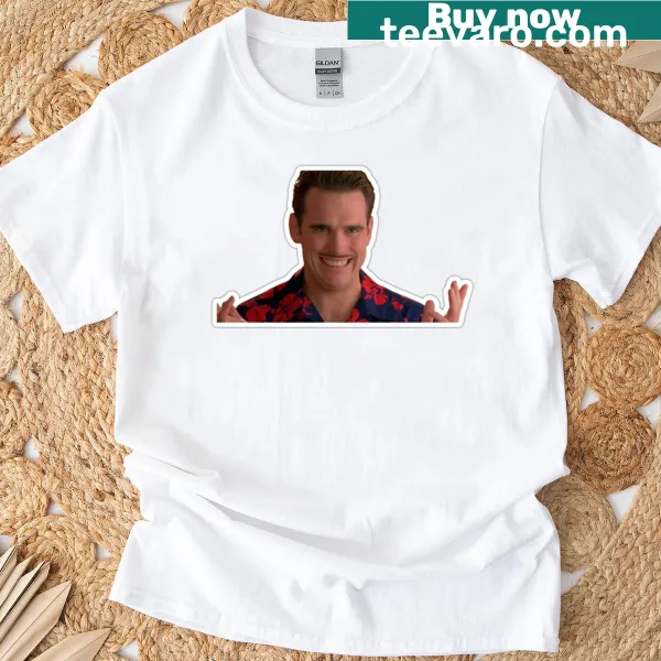 Illustrated shirt featuring Pat Healy's pearly whites with a humorous tone.