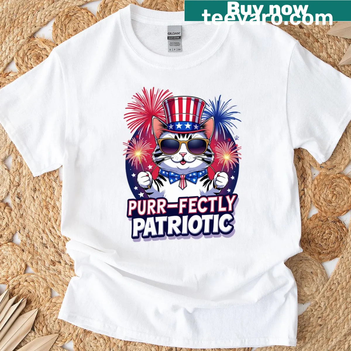 Funny cat in a patriotic hat with fireworks graphic — on a men's t-shirt