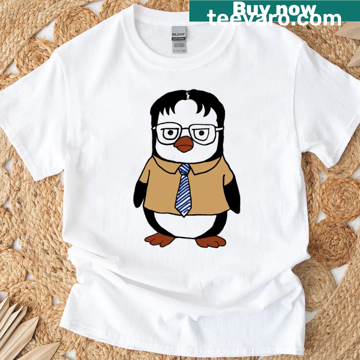 Cartoon penguin named Dwight on a playful t-shirt design. — on a men's t-shirt