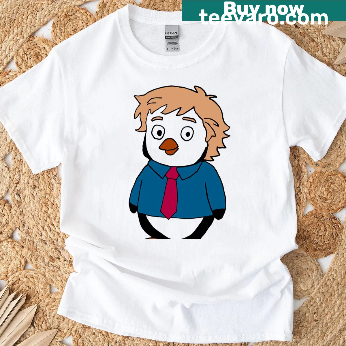 Cartoon penguin named Jim on a whimsical t-shirt design. — on a men's t-shirt