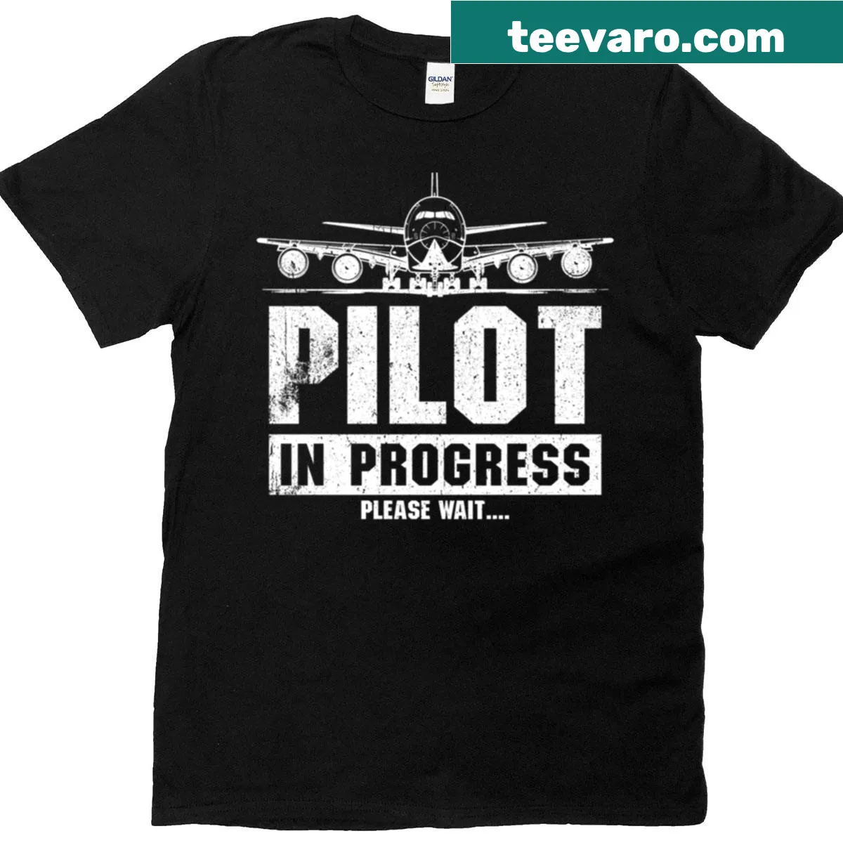 Pilot In Progress t-shirt with humorous aviation-themed text — on a men's t-shirt