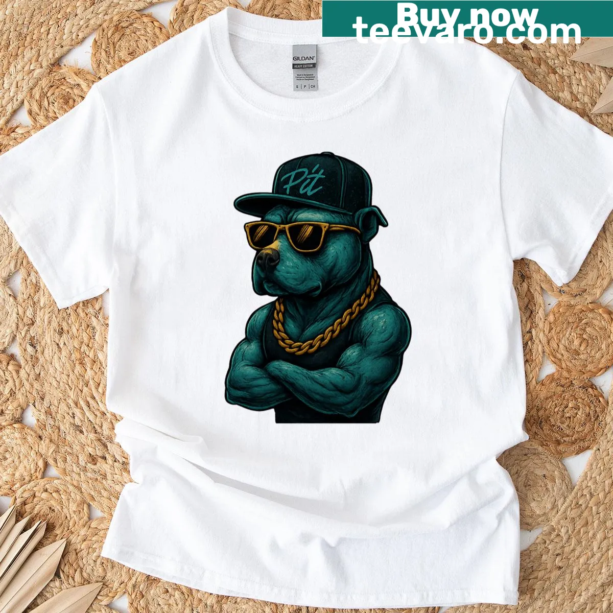 Illustrated shirt featuring a playful pitbull with swagger. — on a men's t-shirt