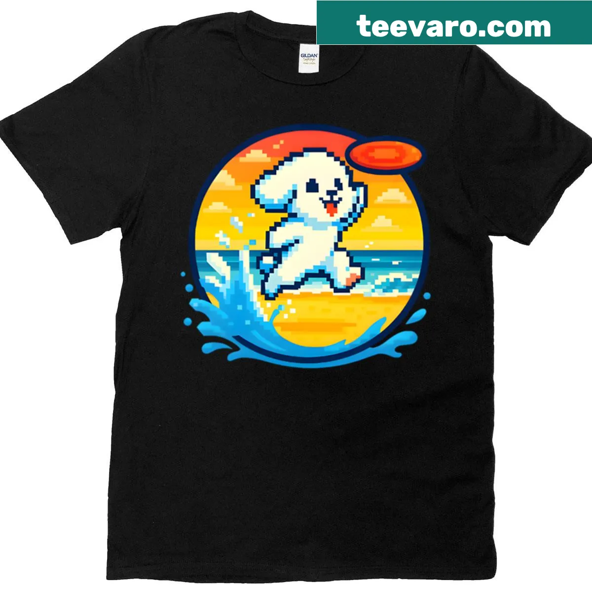 Pixel art Bichon catching a frisbee at sunset — on a men's t-shirt