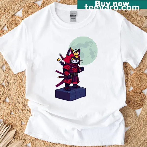 Retro pixel art shirt featuring a samurai cat fighter.