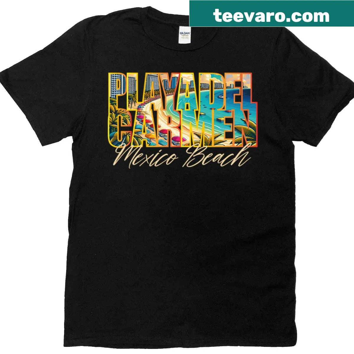 Graphic T-shirt depicting summer vibes and travel themes from Playa Del Carmen — on a men's t-shirt