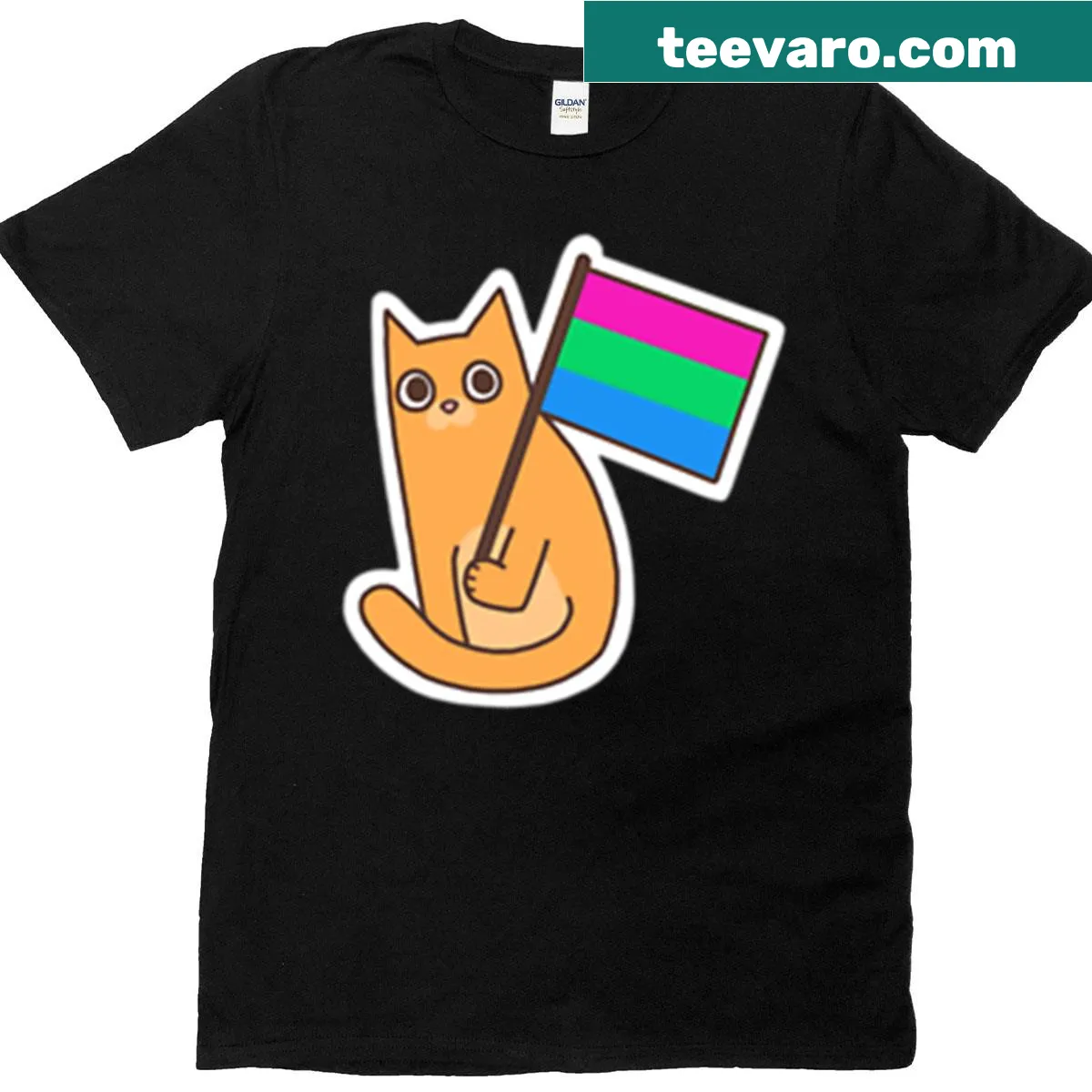 Ginger cat t-shirt featuring polysexual pride flag design — on a men's t-shirt