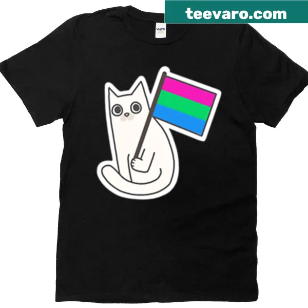 White cat with polysexual pride flag sticker graphic t-shirt