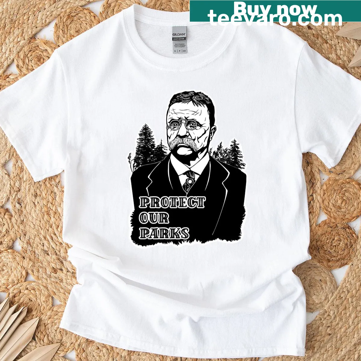 T-shirt featuring an illustration of Teddy Roosevelt with a conservation message — on a men's t-shirt