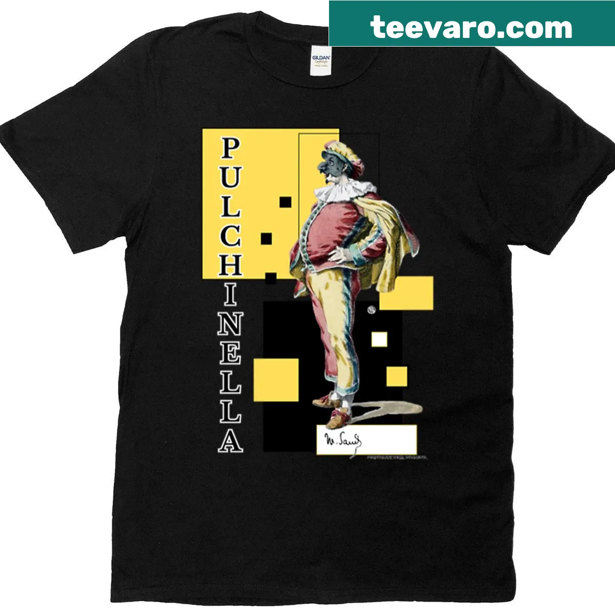 Vintage-style t-shirt featuring Pulchinella character graphic — on a men's t-shirt