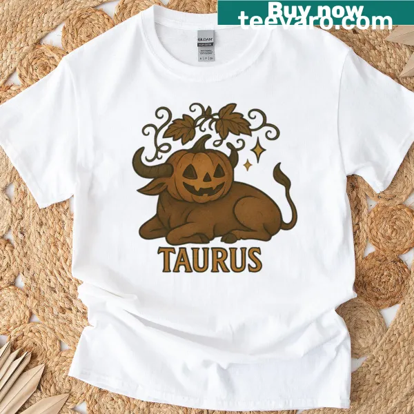 Spooky Taurus bull graphic with pumpkin head on T-shirt