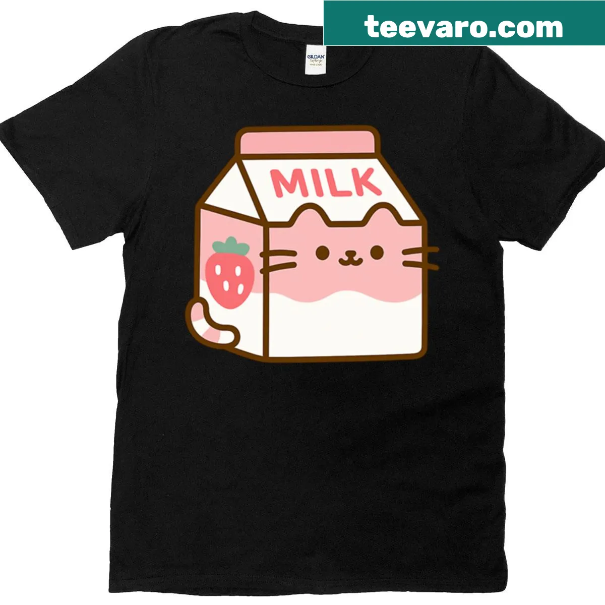 Pusheen cat graphic with strawberry milk on a kawaii t-shirt — on a men's t-shirt