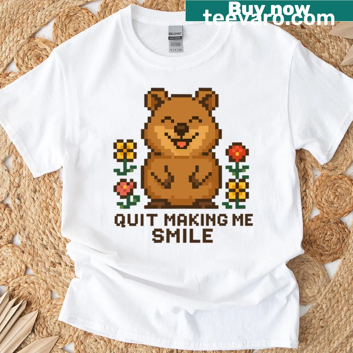 Happy quokka pixel art design on a cheerful t-shirt — on a men's t-shirt
