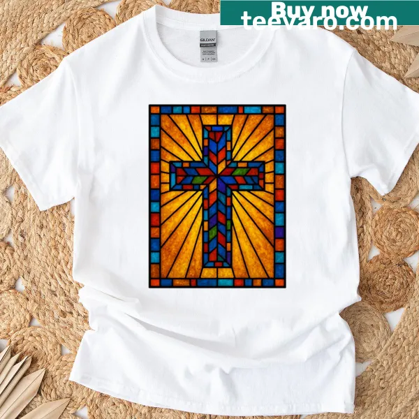 Stained-glass cross design T-shirt representing faith and spirituality