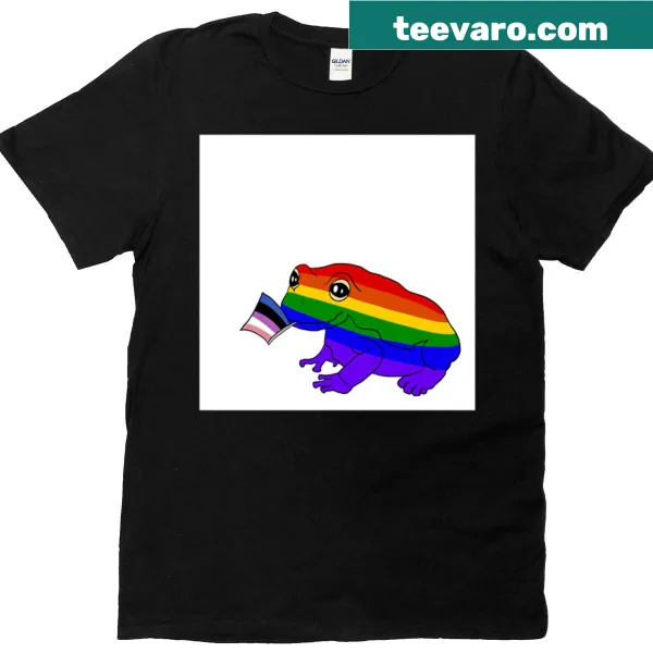 Whimsical rainbow frog holding a genderfluid pride flag