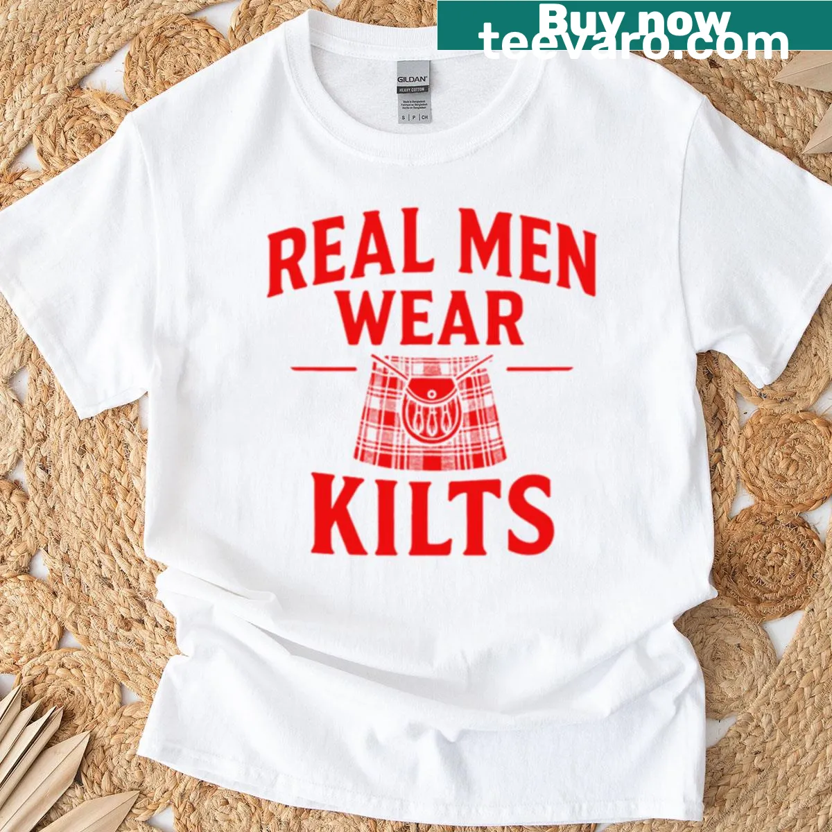 Playful typography on a t-shirt saying 'Real Men Wear Kilts' — on a men's t-shirt