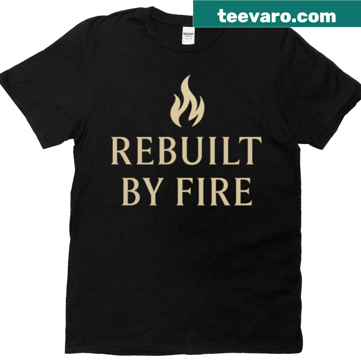 Minimalist t-shirt with 'Rebuilt By Fire' strength graphic — on a men's t-shirt