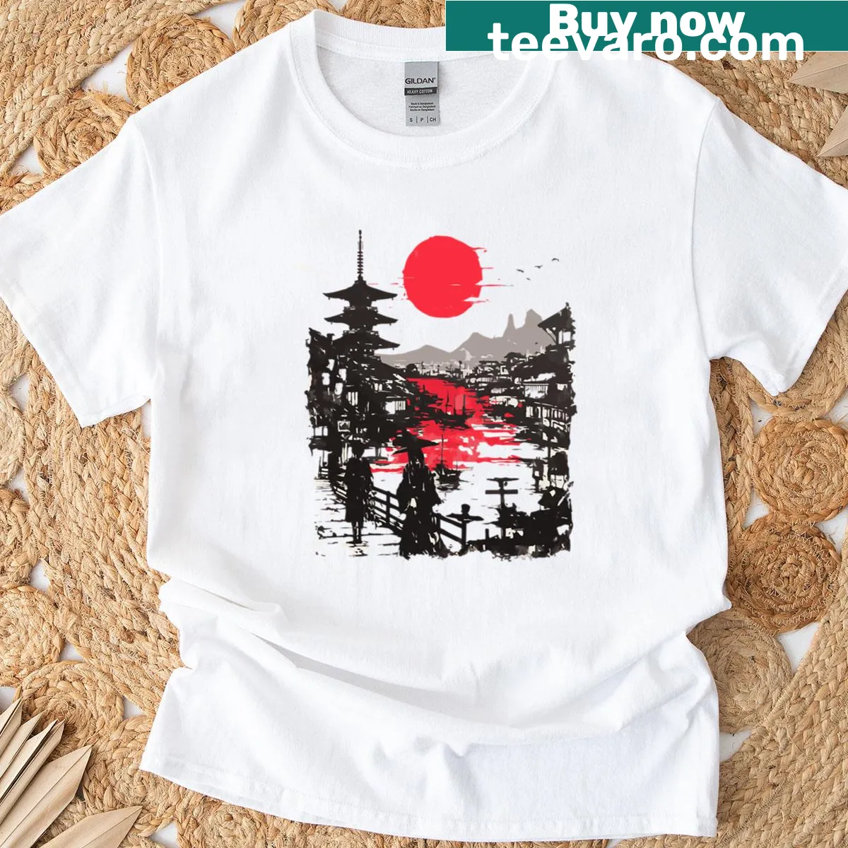 Serene graphic of a sunset over Kyoto on a t-shirt — on a men's t-shirt