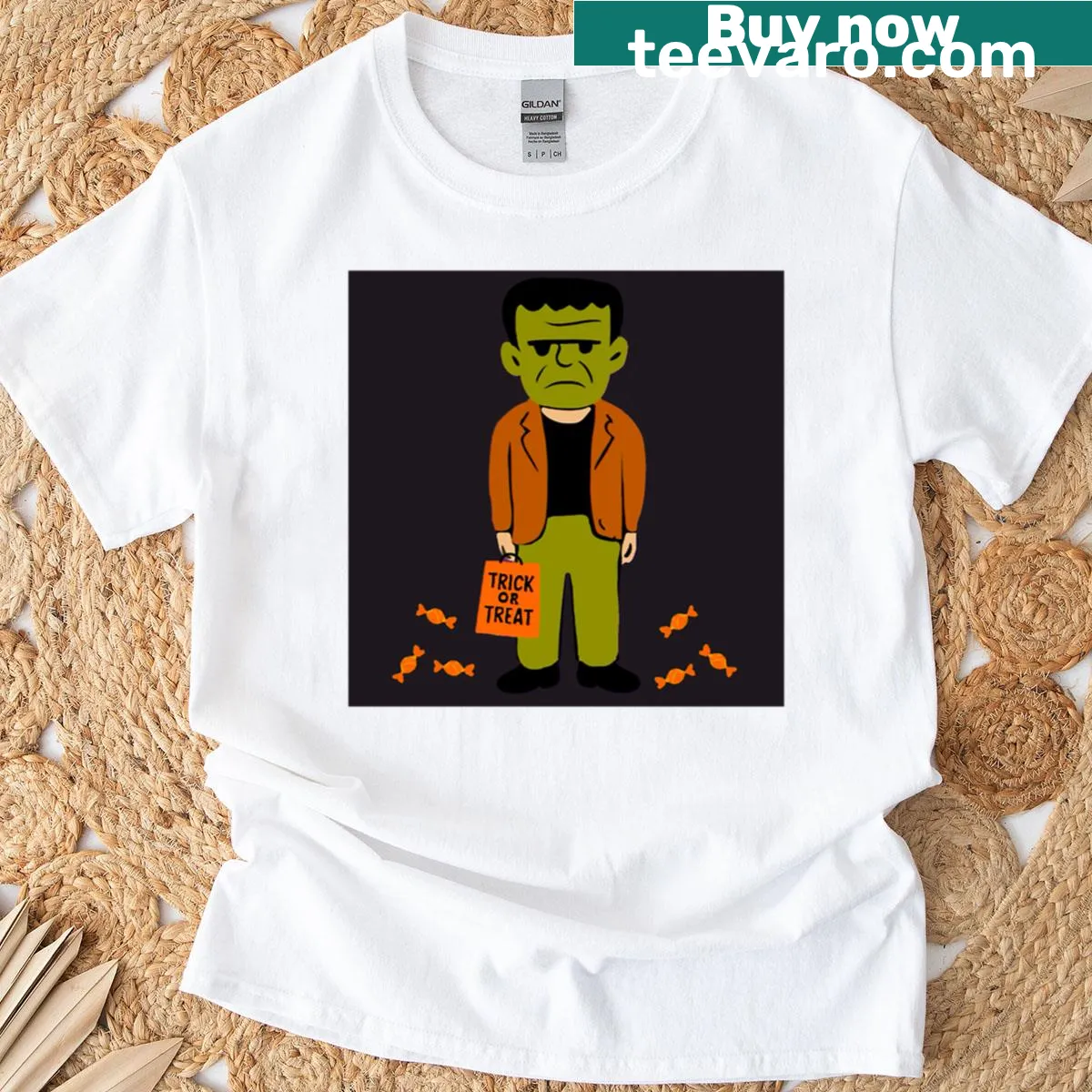 Retro Frankenstein design T-shirt for Halloween celebrations — on a men's t-shirt