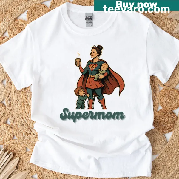 Vintage-inspired Supermom T-shirt with playful graphic and bold text
