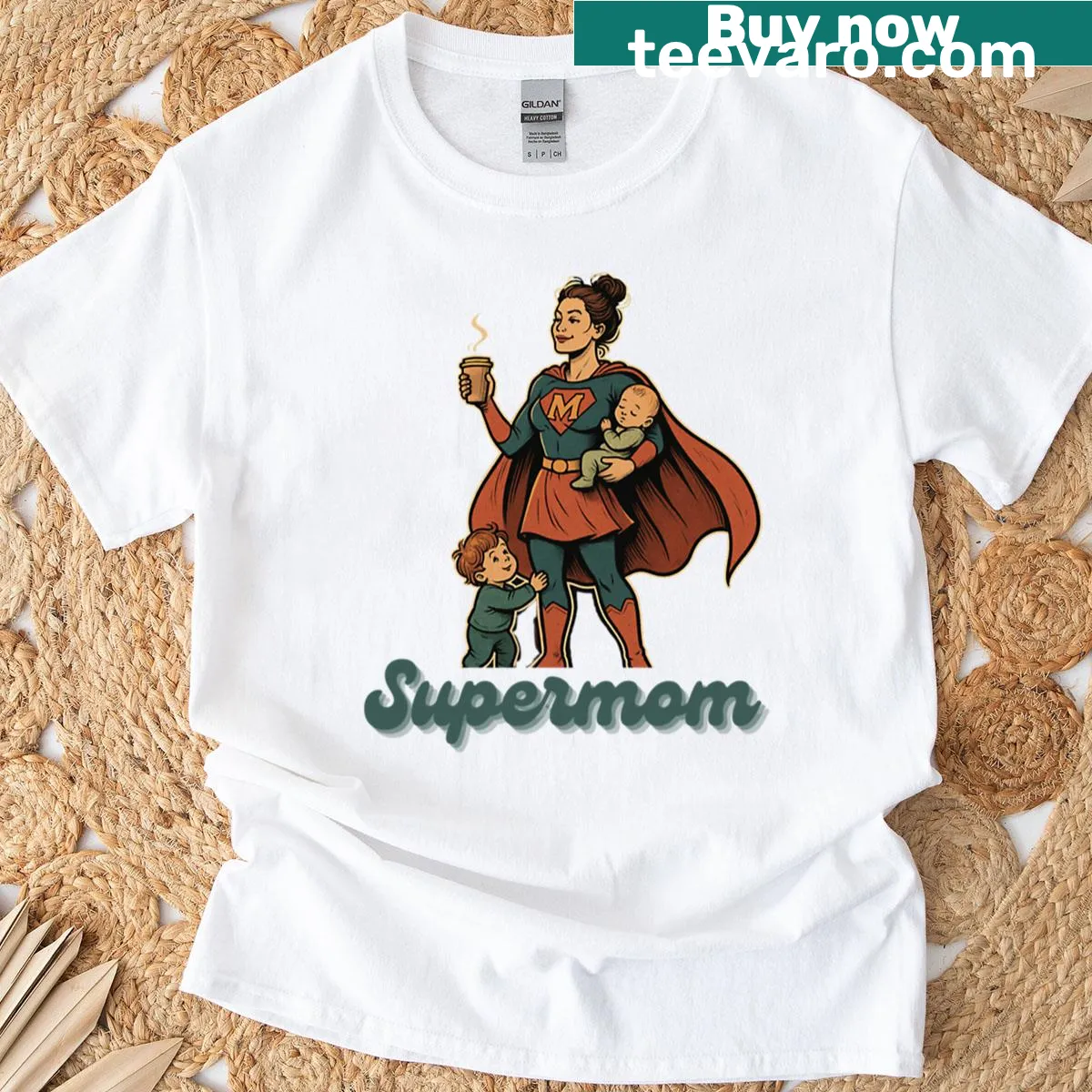 Vintage-inspired Supermom T-shirt with playful graphic and bold text — on a men's t-shirt
