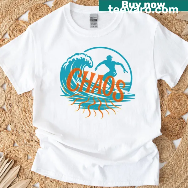 Surf-themed T-shirt with a dynamic wave graphic and playful text