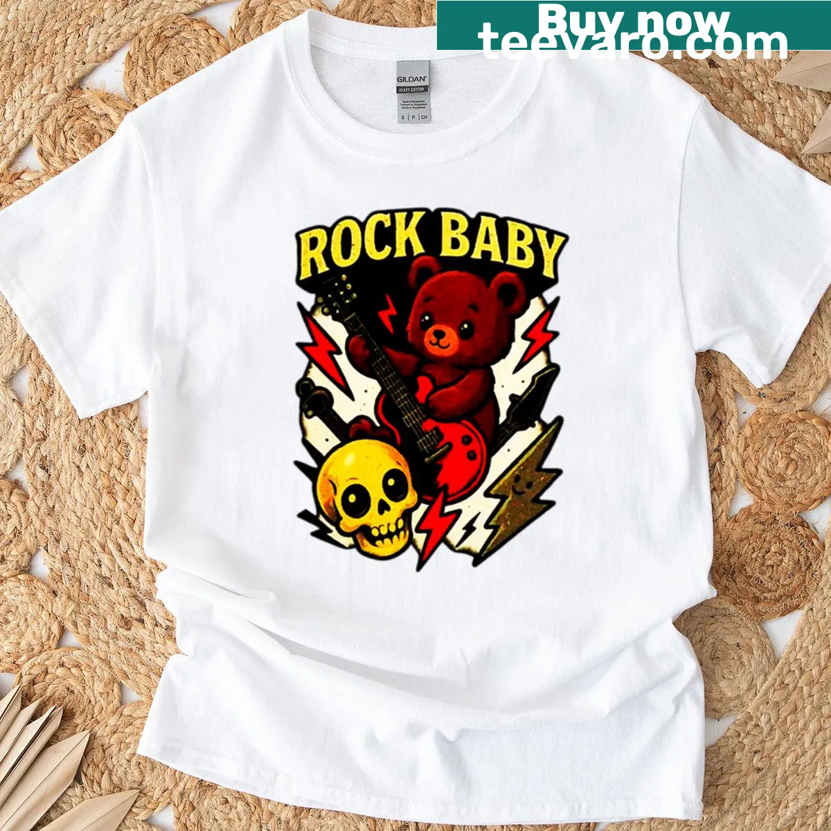 Playful Rock Baby T-shirt with musical illustrations for kids — on a men's t-shirt