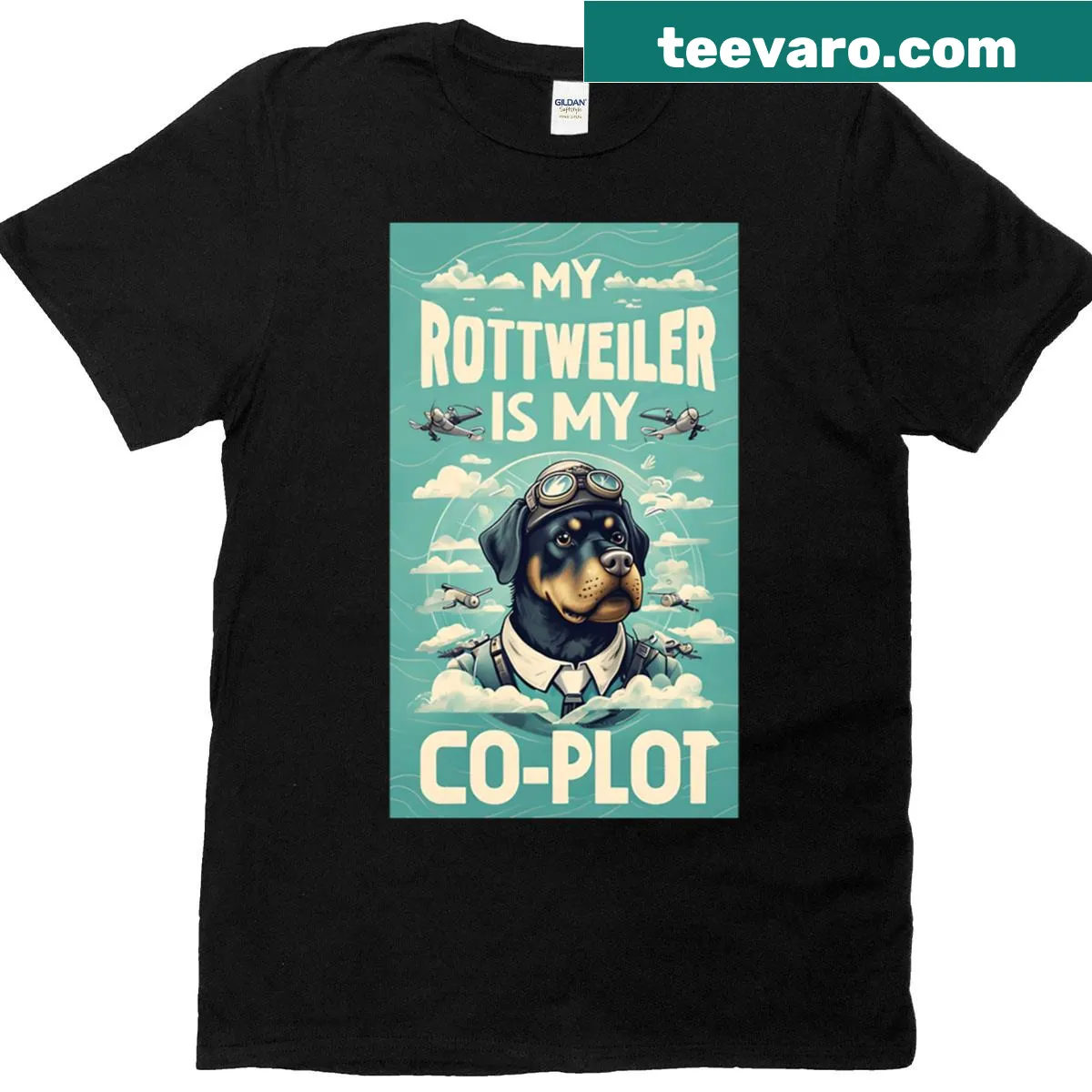 Playful illustration t-shirt saying Rottweiler Is My Co-pilot — on a men's t-shirt