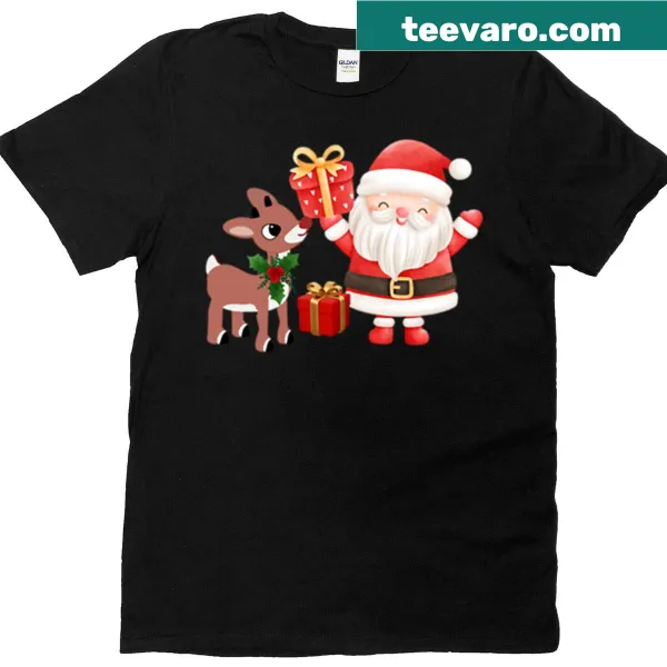 Whimsical T-shirt featuring Santa and reindeer illustration