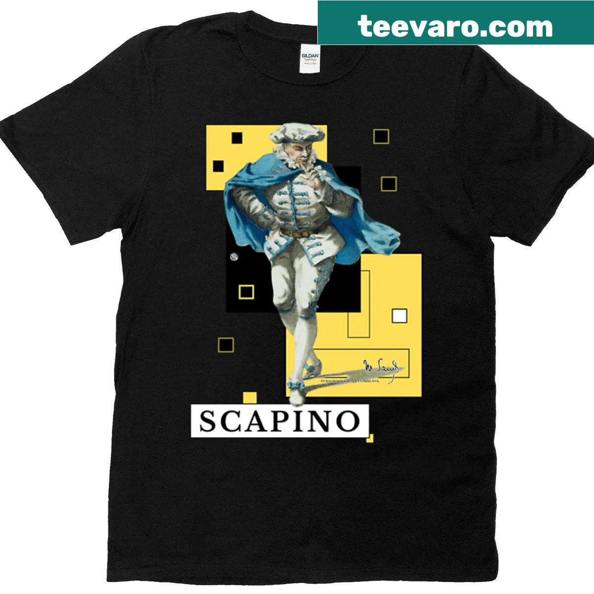 Vintage Scapino graphic tee with a mischievous theater character illustration — on a men's t-shirt