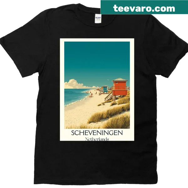 Vintage poster-style tee featuring Scheveningen beach pier scene