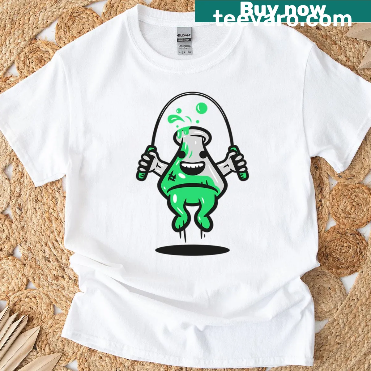 Playful science-themed cartoon T-shirt — on a men's t-shirt