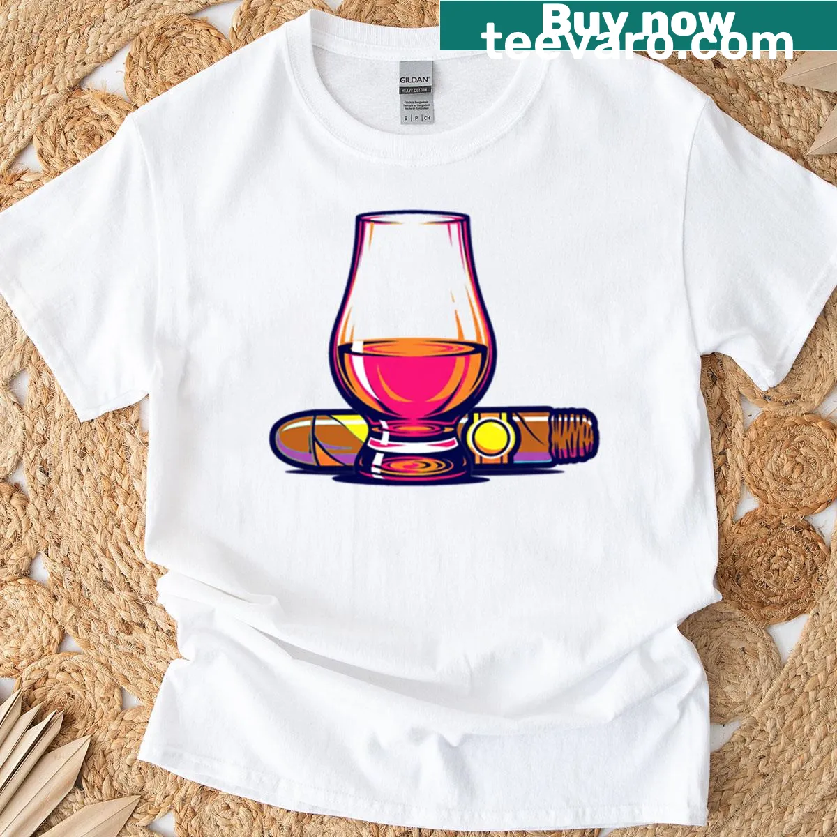Vintage-style T-shirt with scotch and cigar design — on a men's t-shirt