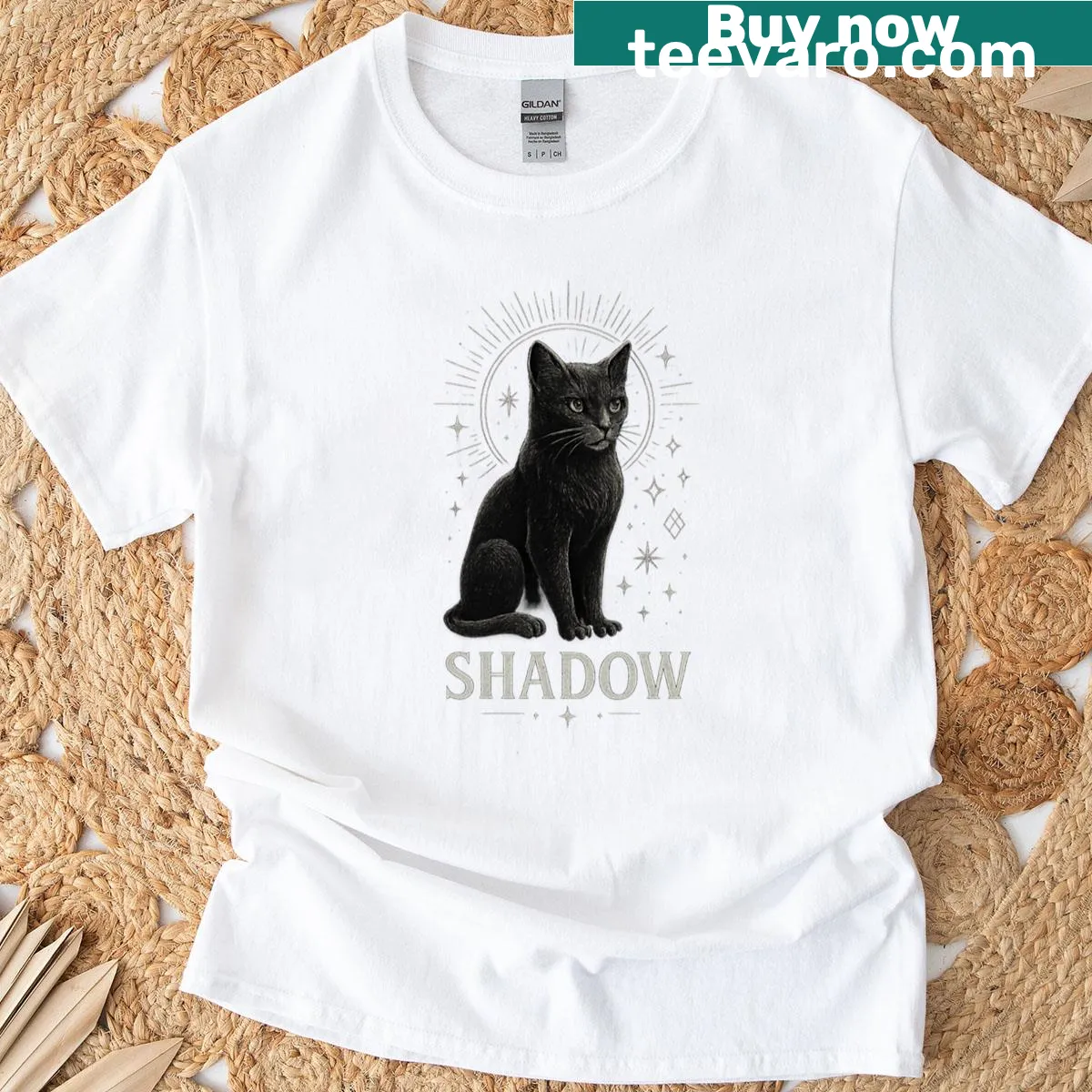 Gothic T-shirt featuring a shadowy cat design with intricate details — on a men's t-shirt