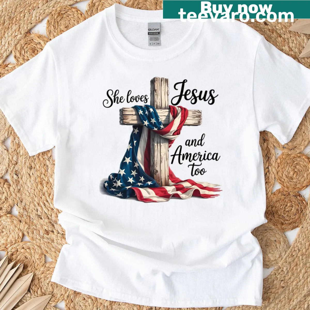 Typographic design 'She Loves Jesus And America Too' T-shirt — on a men's t-shirt