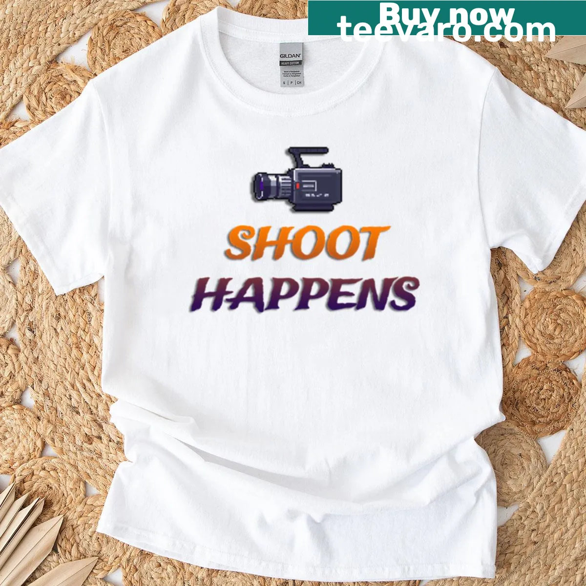 Funny 'Shoot Happens' T-shirt with retro camera graphic — on a men's t-shirt