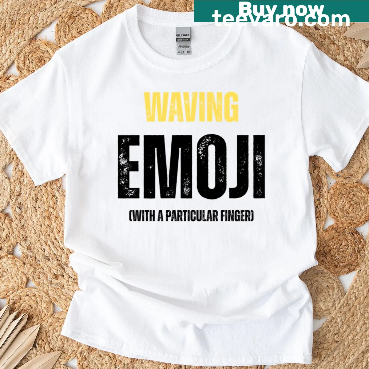 Sarcastic T-shirt with wave emoji and single-finger graphic — on a men's t-shirt