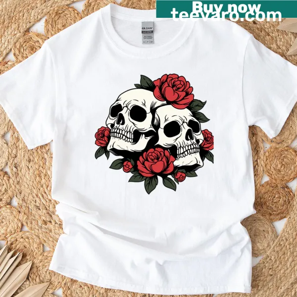 T-shirt featuring a skull with roses design, blending life and death themes