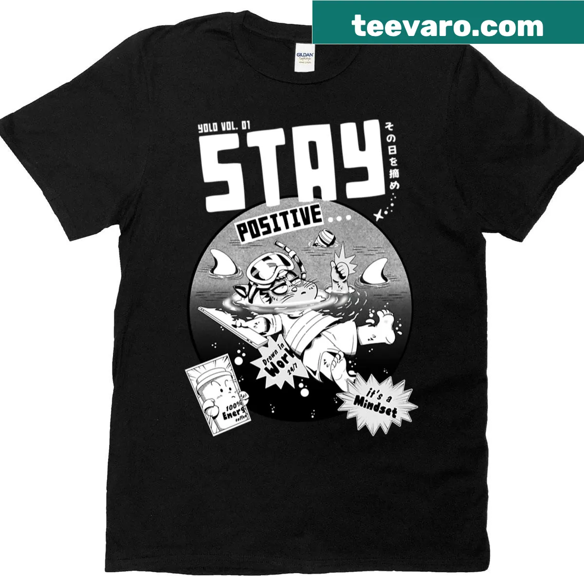 Inspirational T-shirt with 'Stay Positive' text — on a men's t-shirt