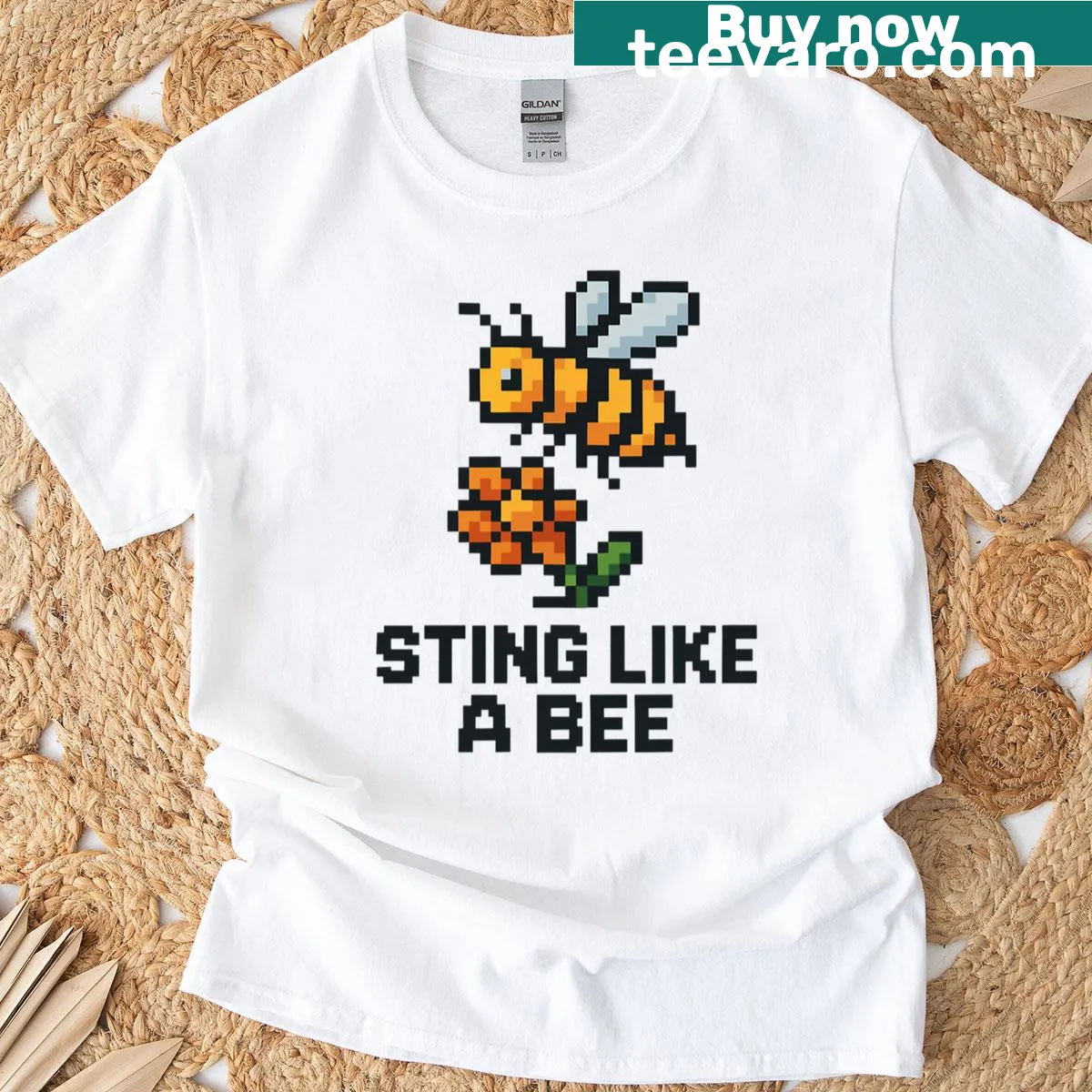 Pixel art T-shirt featuring a yellowjacket bee and flower — on a men's t-shirt