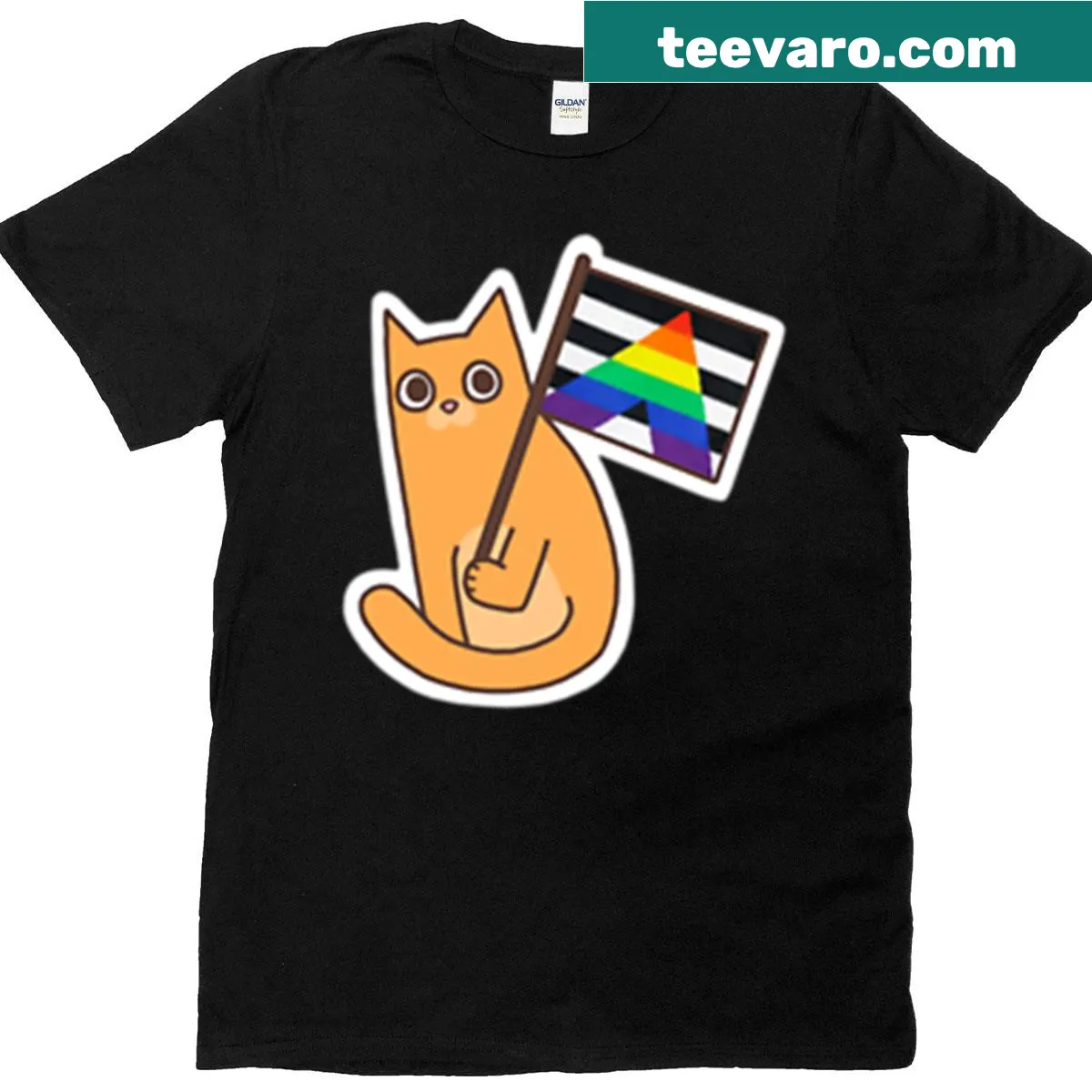 T-shirt with a ginger cat and straight ally pride flag design — on a men's t-shirt