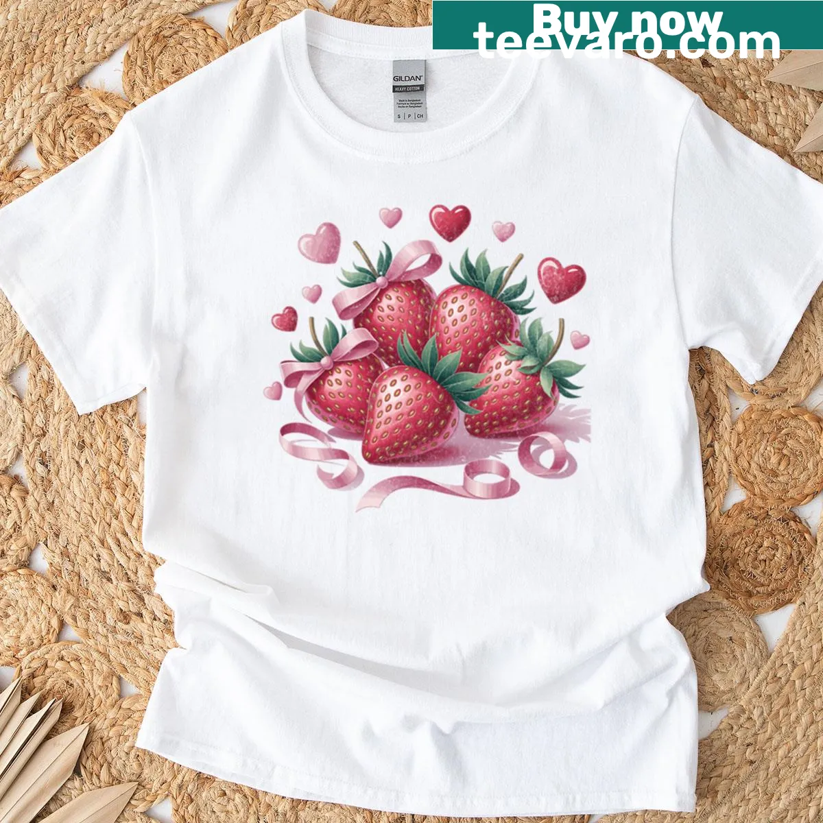 T-shirt featuring an illustration of strawberries and hearts — on a men's t-shirt
