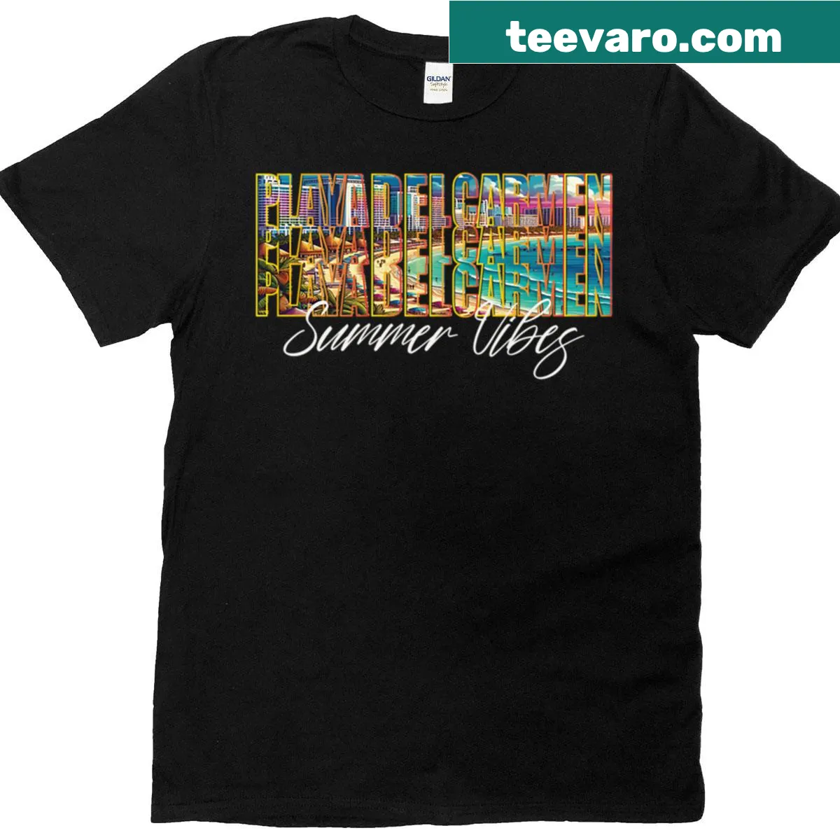 Vintage-style t-shirt featuring a Playa Del Carmen beach graphic — on a men's t-shirt