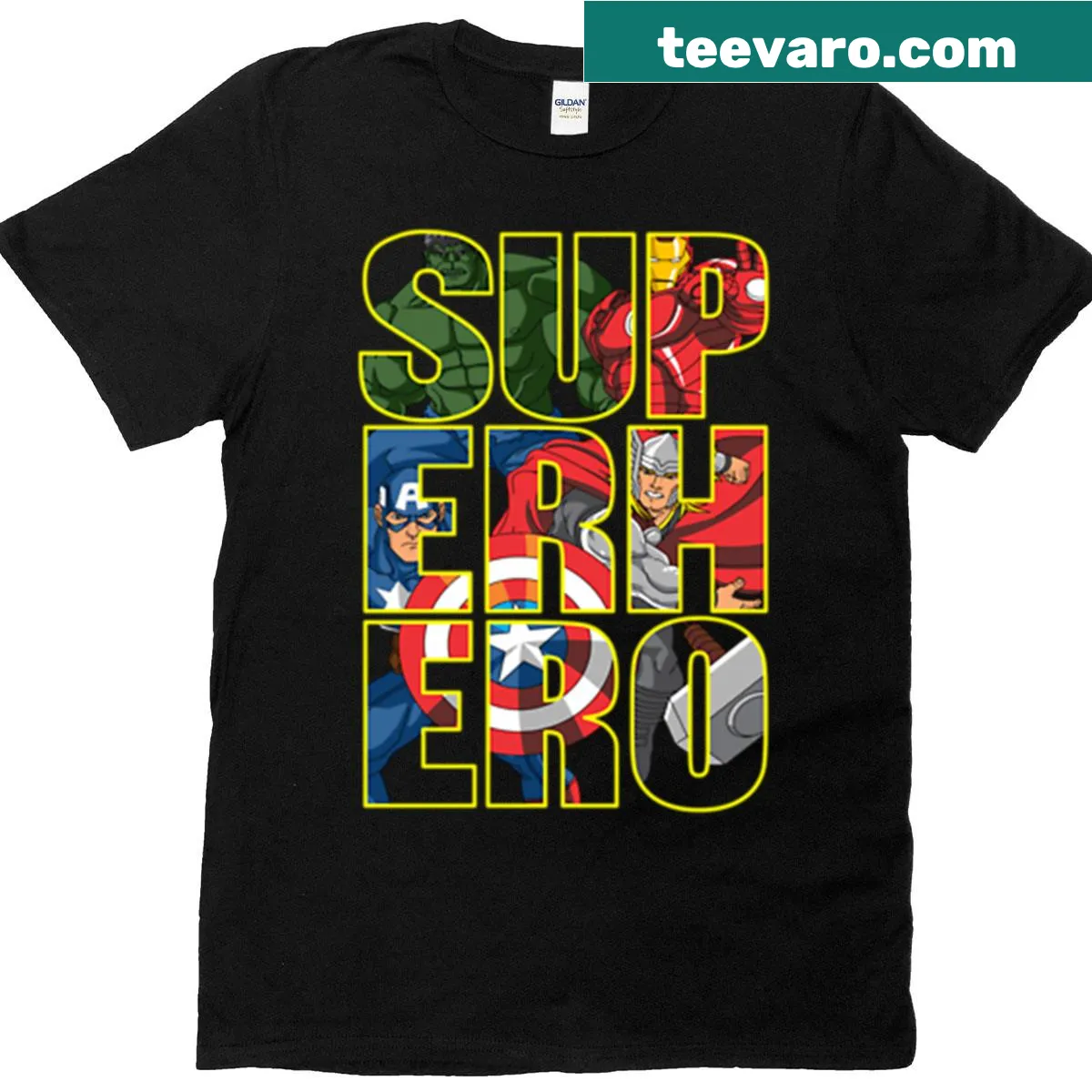 Illustration of superheroes in various poses on a T-shirt — on a men's t-shirt