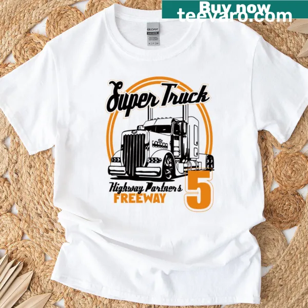 Badge-emblem t-shirt celebrating trucking and highway adventures