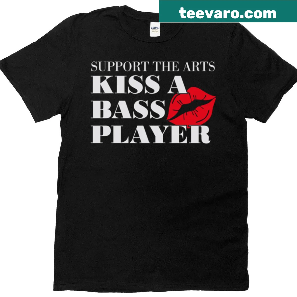 Funny shirt that says 'Support The Arts: Kiss A Bass Player' — on a men's t-shirt