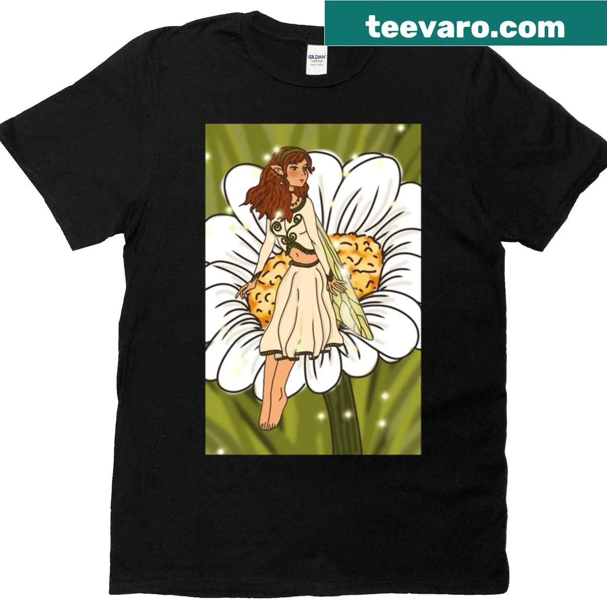 Cute fairy surrounded by daisies illustration on a T-shirt — on a men's t-shirt