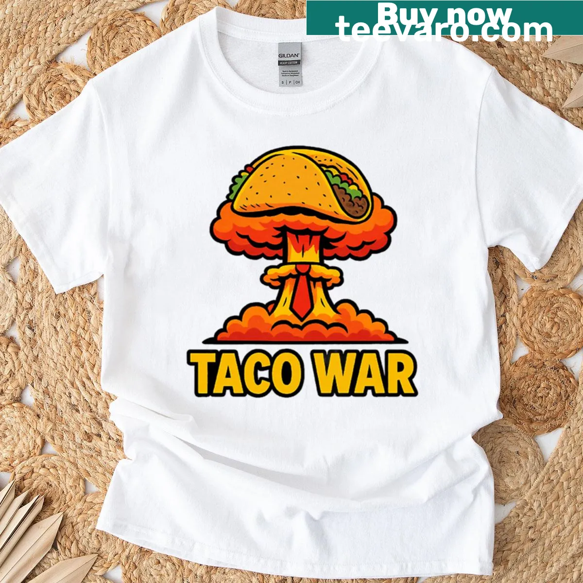 Cartoon taco war graphic with political humor on a t-shirt — on a men's t-shirt