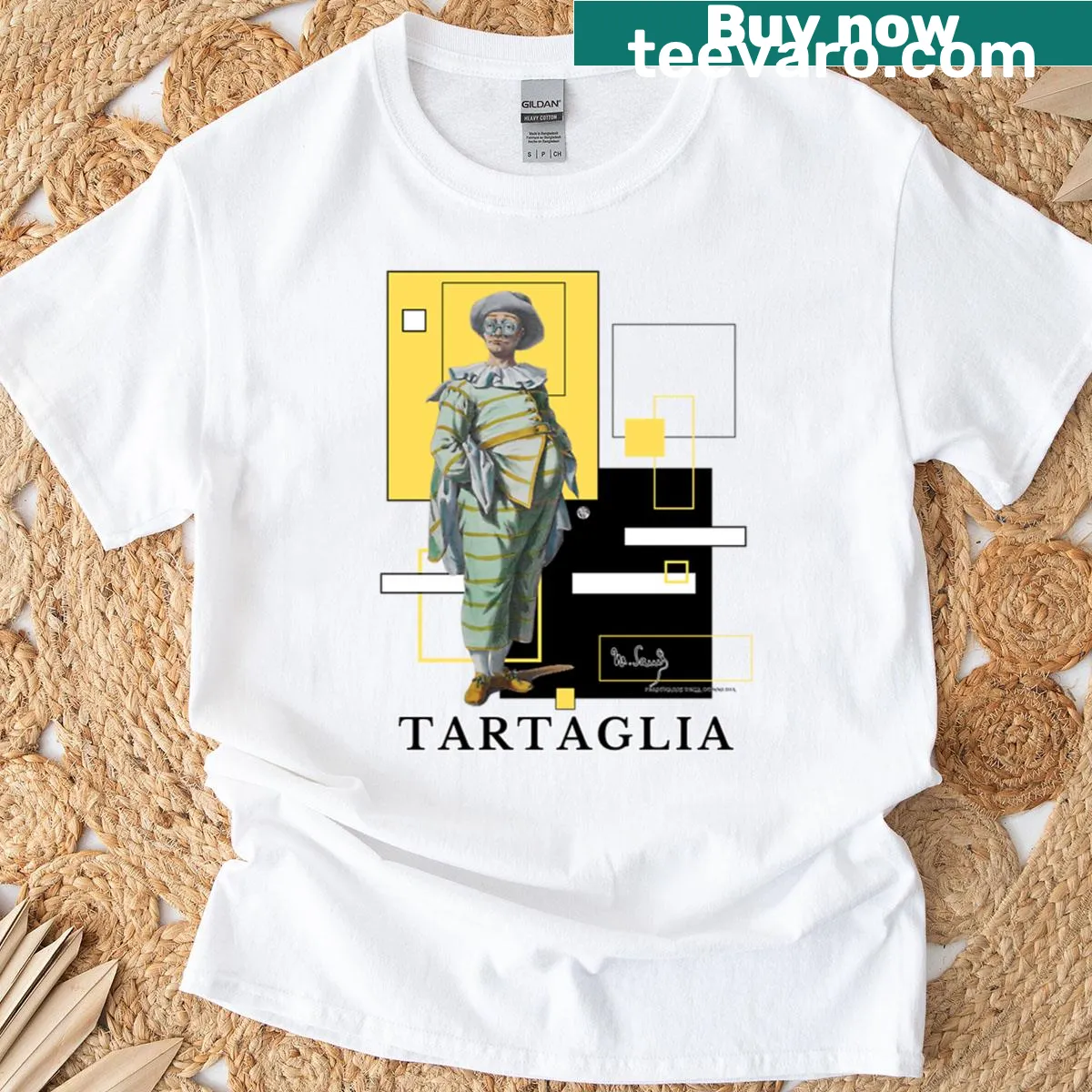 Vintage illustration of Tartaglia from Commedia Dell'arte on a t-shirt — on a men's t-shirt